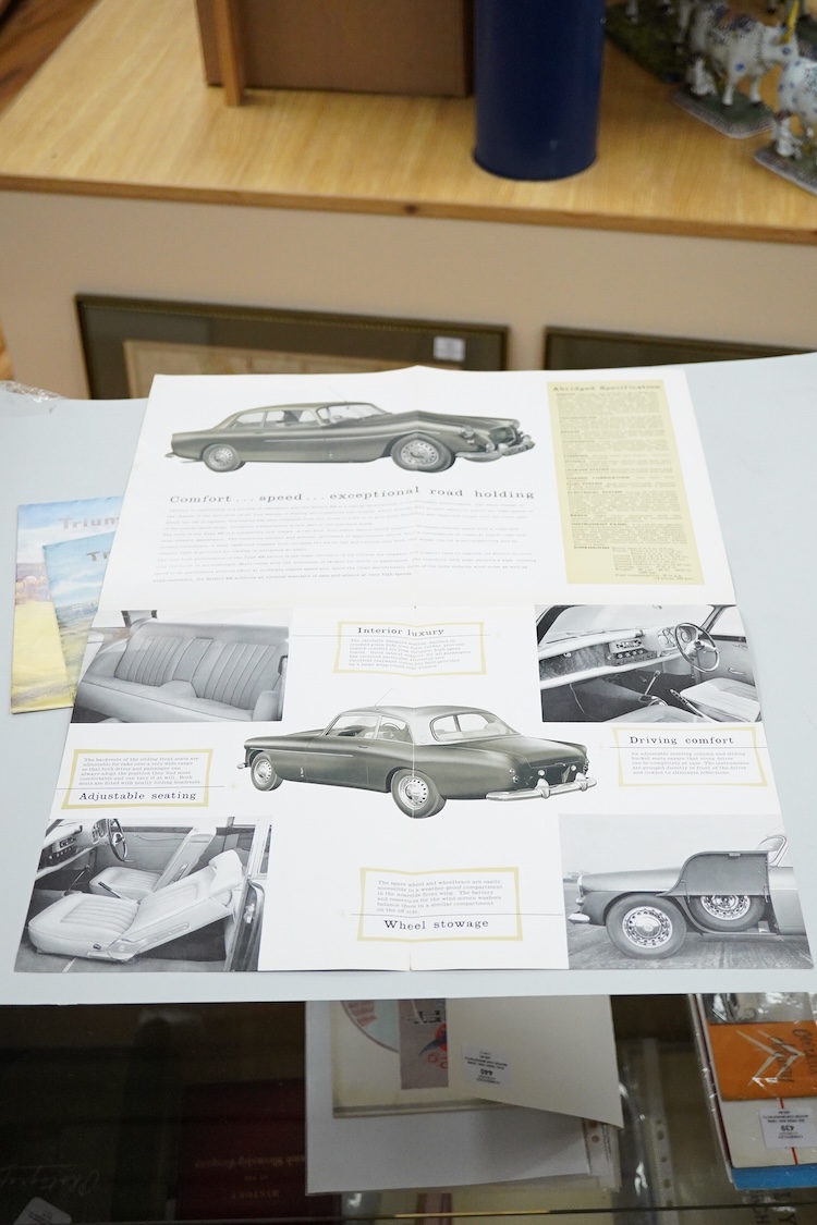 Four 1950s and 1960s motor car manufacturer’s brochures; the Bristol, the Austin Healey Sprite Mk.II (produced 1961-64), and two Triumph T.R.3 Sports (produced 1955-1962)